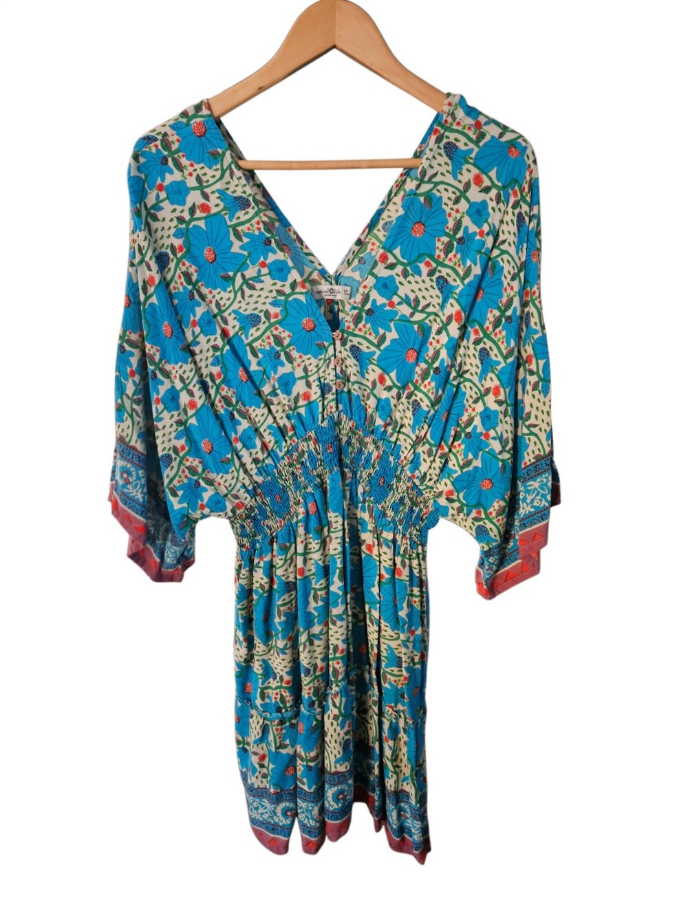 Natural Life Blue Floral Boho V-Neck Smocked Waist Tunic Dress XL - Picture 3 of 6